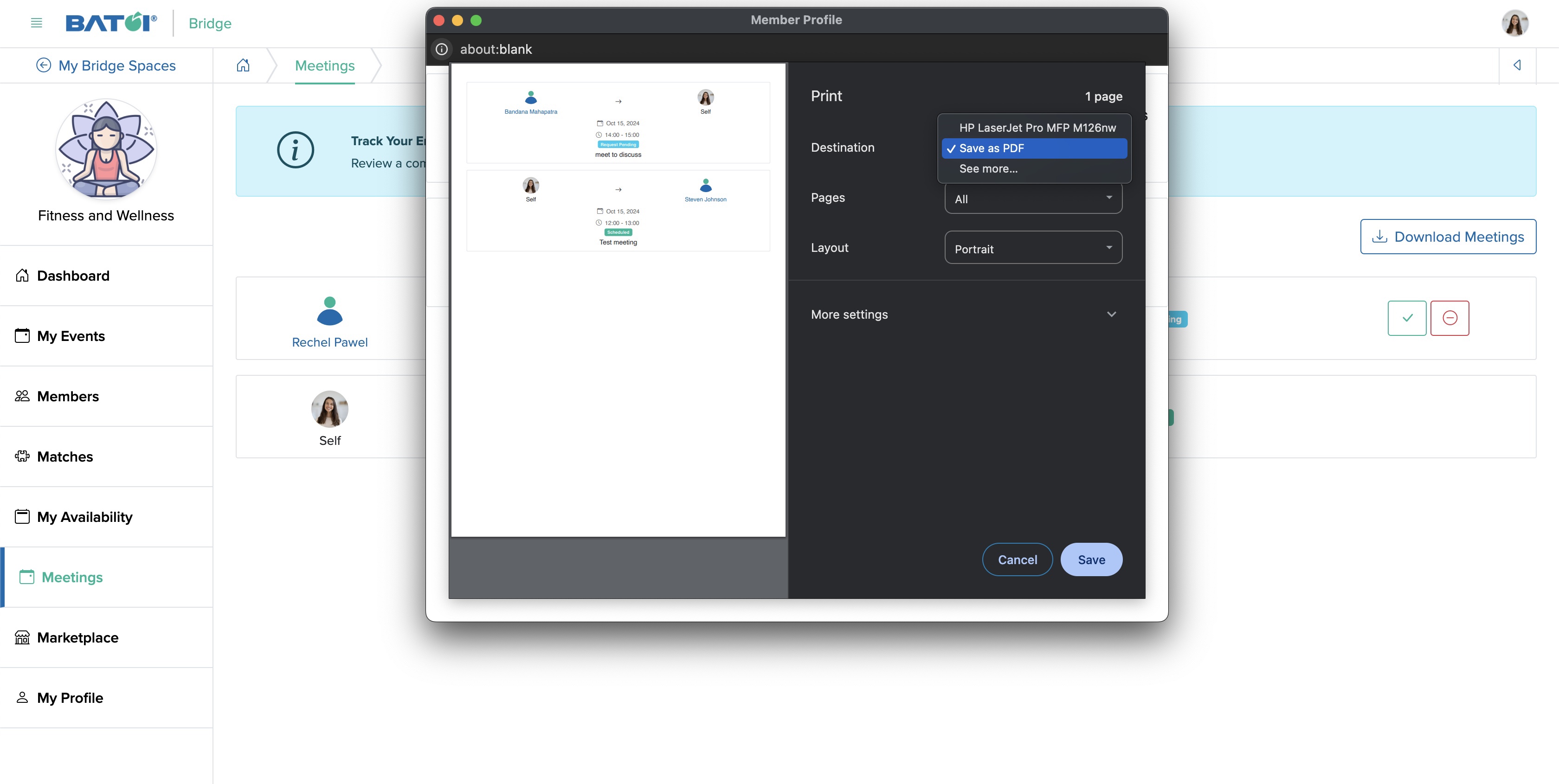 Figure 3: Individual Bridge Member Control Panel Download Meetings Popup Screen