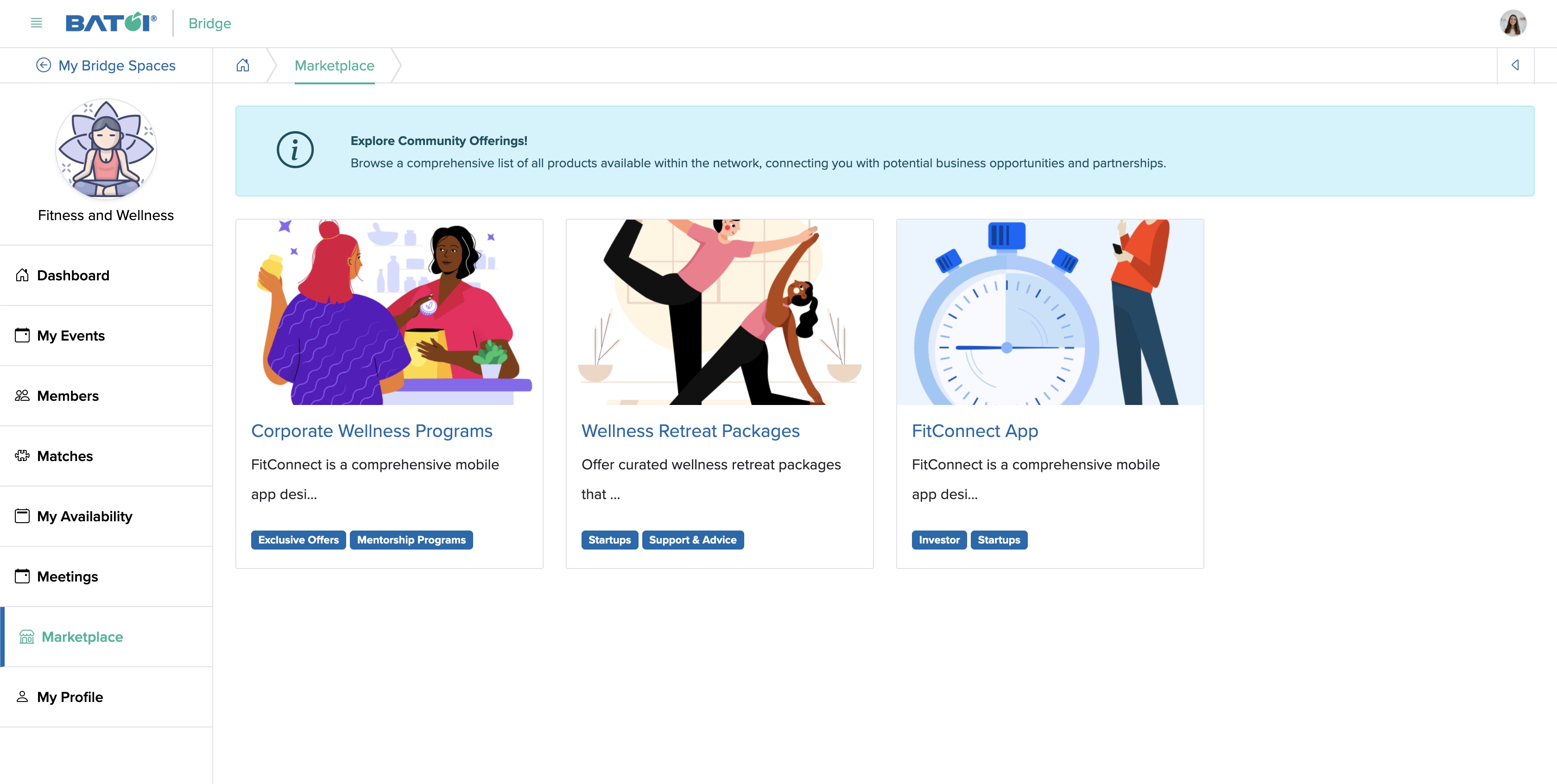 Figure 2: Individual Bridge Member Control Panel Marketplace List Screen