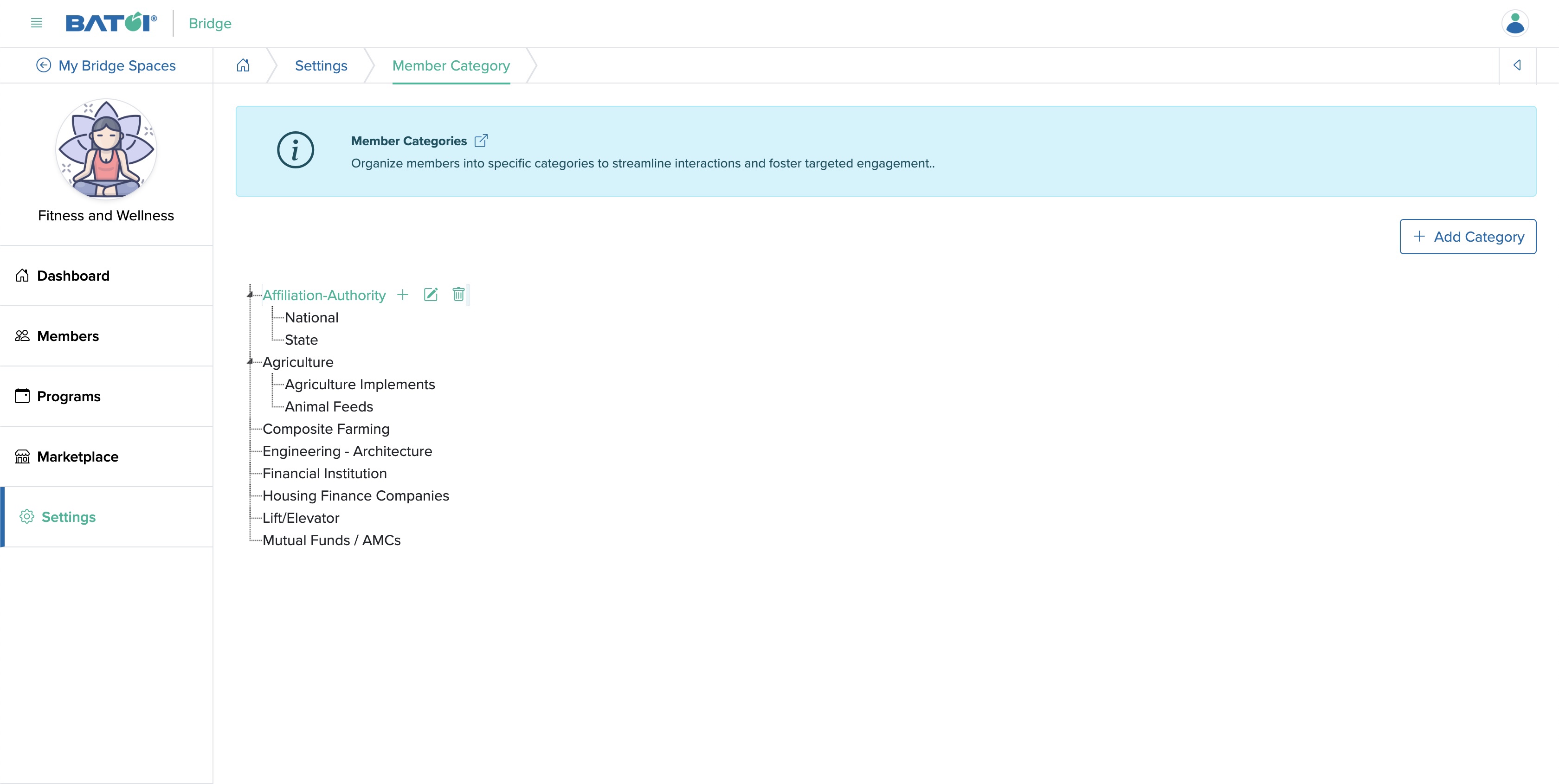 Figure 10: Individual Bridge Member Category List Screen