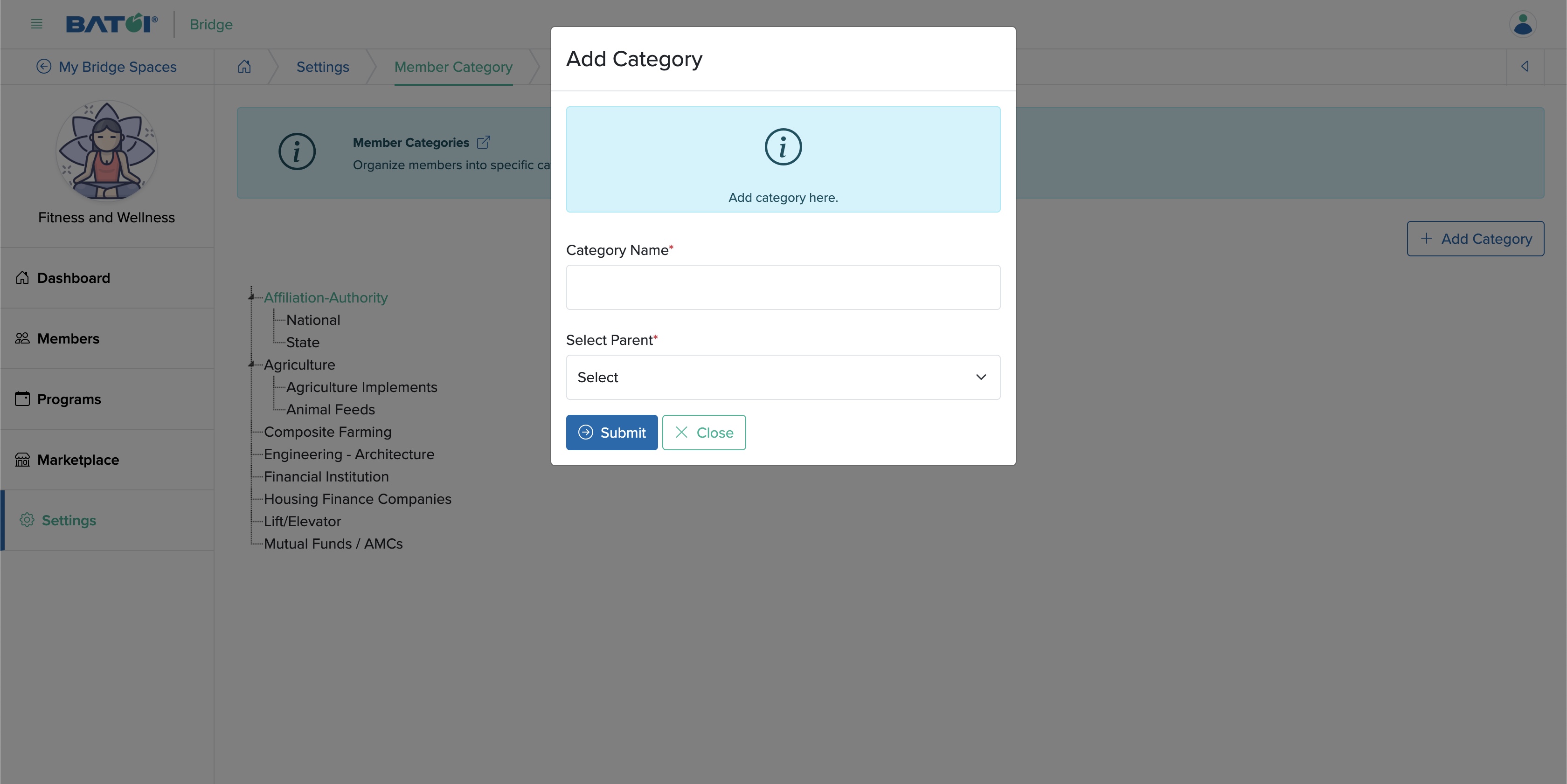 Figure 12: Individual Bridge Add Member Sub-Category Popup Screen