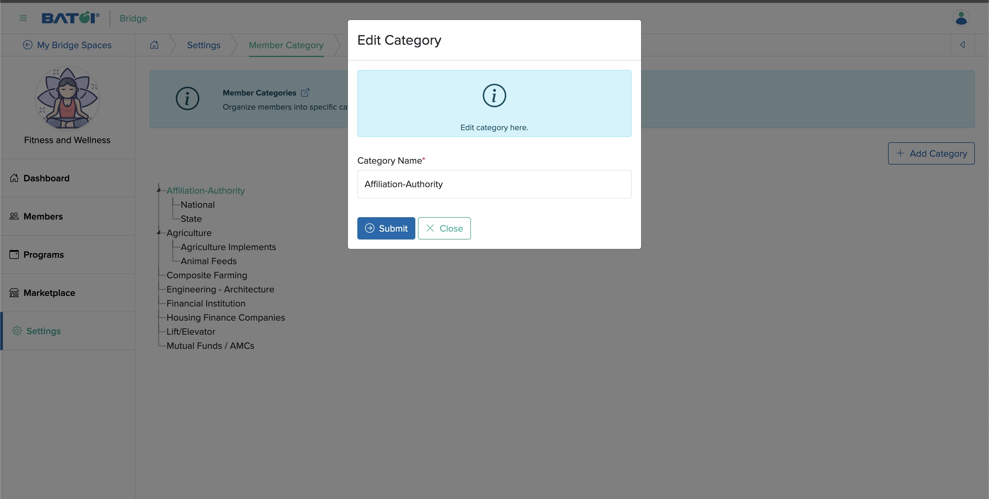 Figure 13: Individual Bridge Edit Member Category Popup Screen