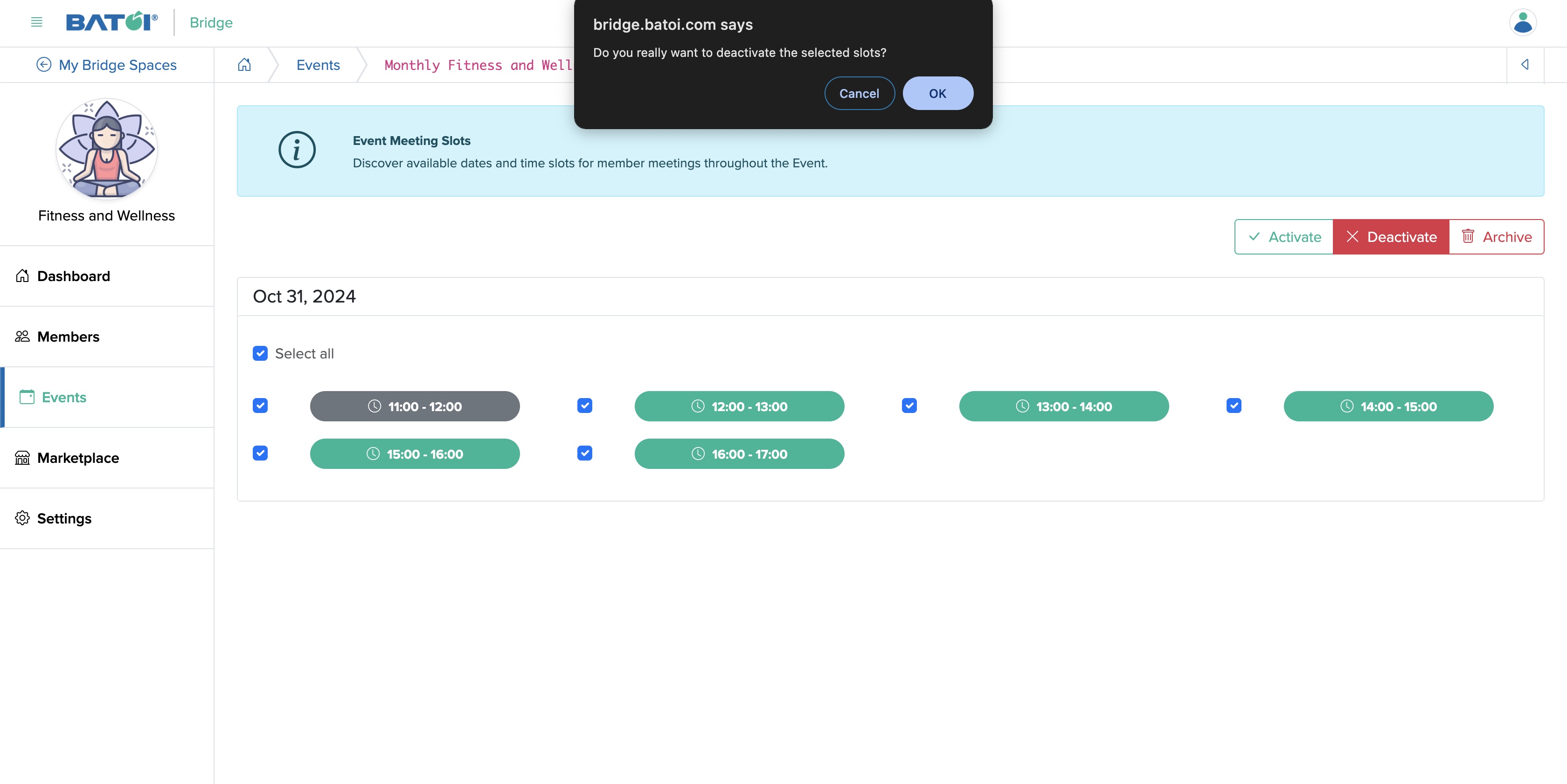 Figure 27: Individual Bridge Manager Control Panel Meeting Slots Activation/Deactivation Screen