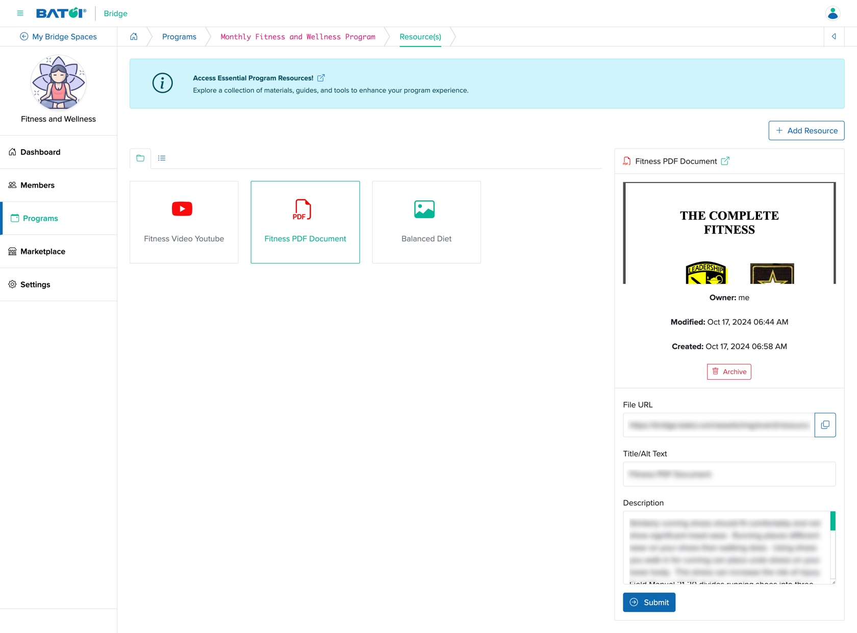 Figure 20: Individual Bridge Manager Control Panel Program Resource View Screen