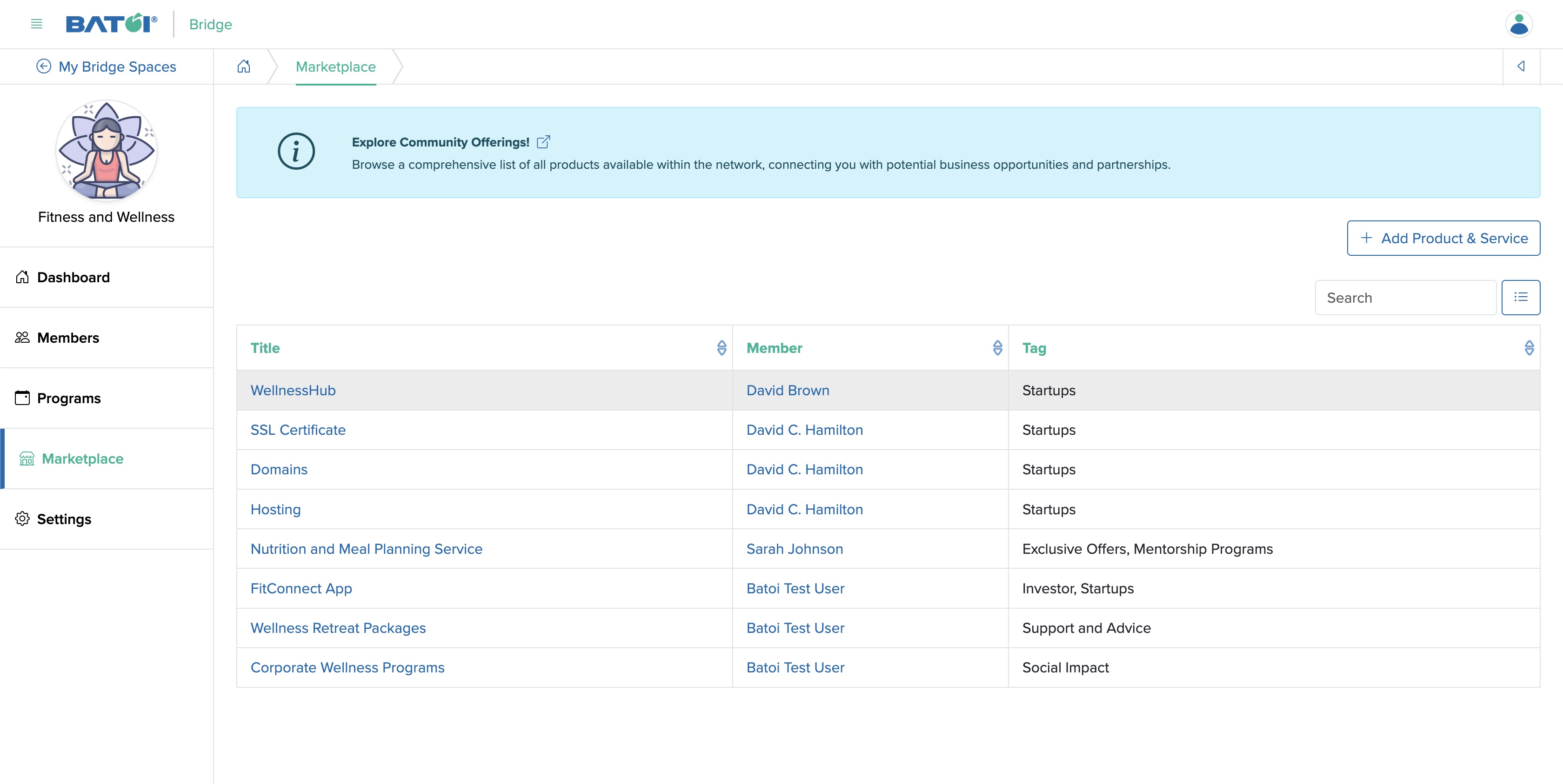 Figure 2: Individual Bridge Manager Control Panel Marketplace List Screen