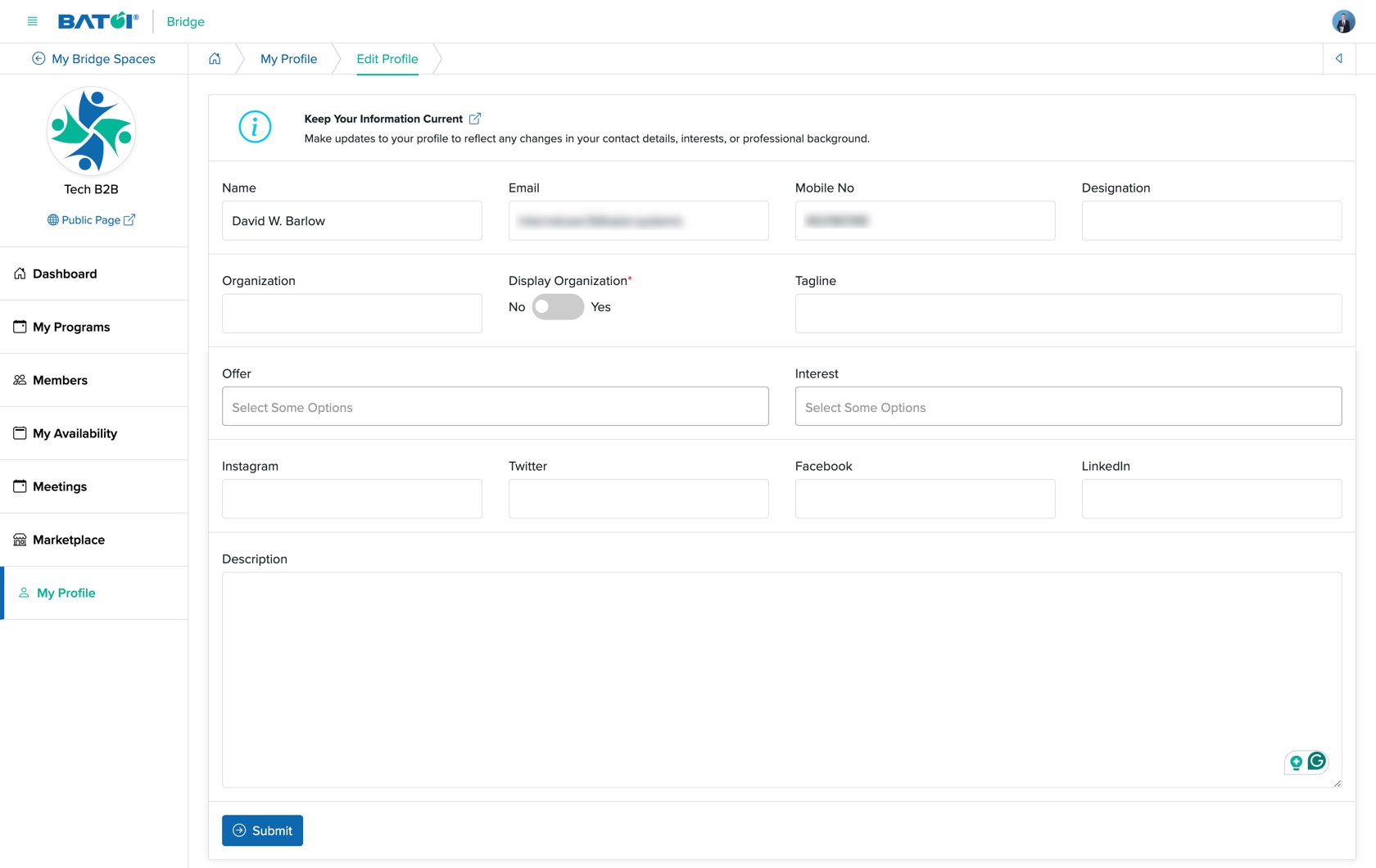 Figure 4: Individual Bridge Member Control Panel Edit Profile Screen