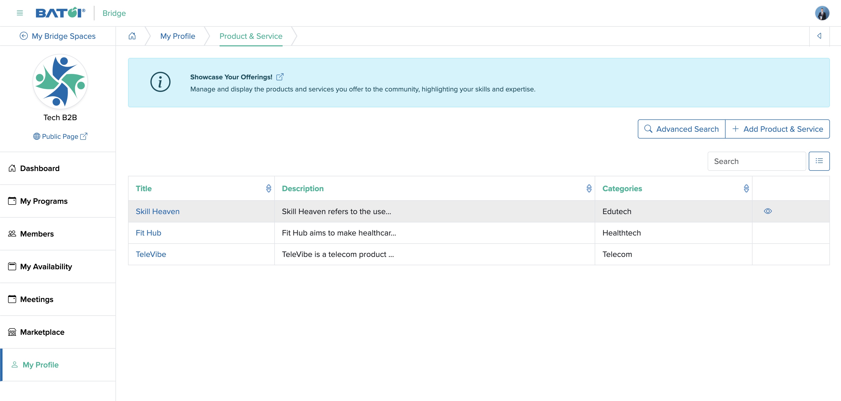 Figure 6: Individual Bridge Member Control Panel Product & Service List Screen