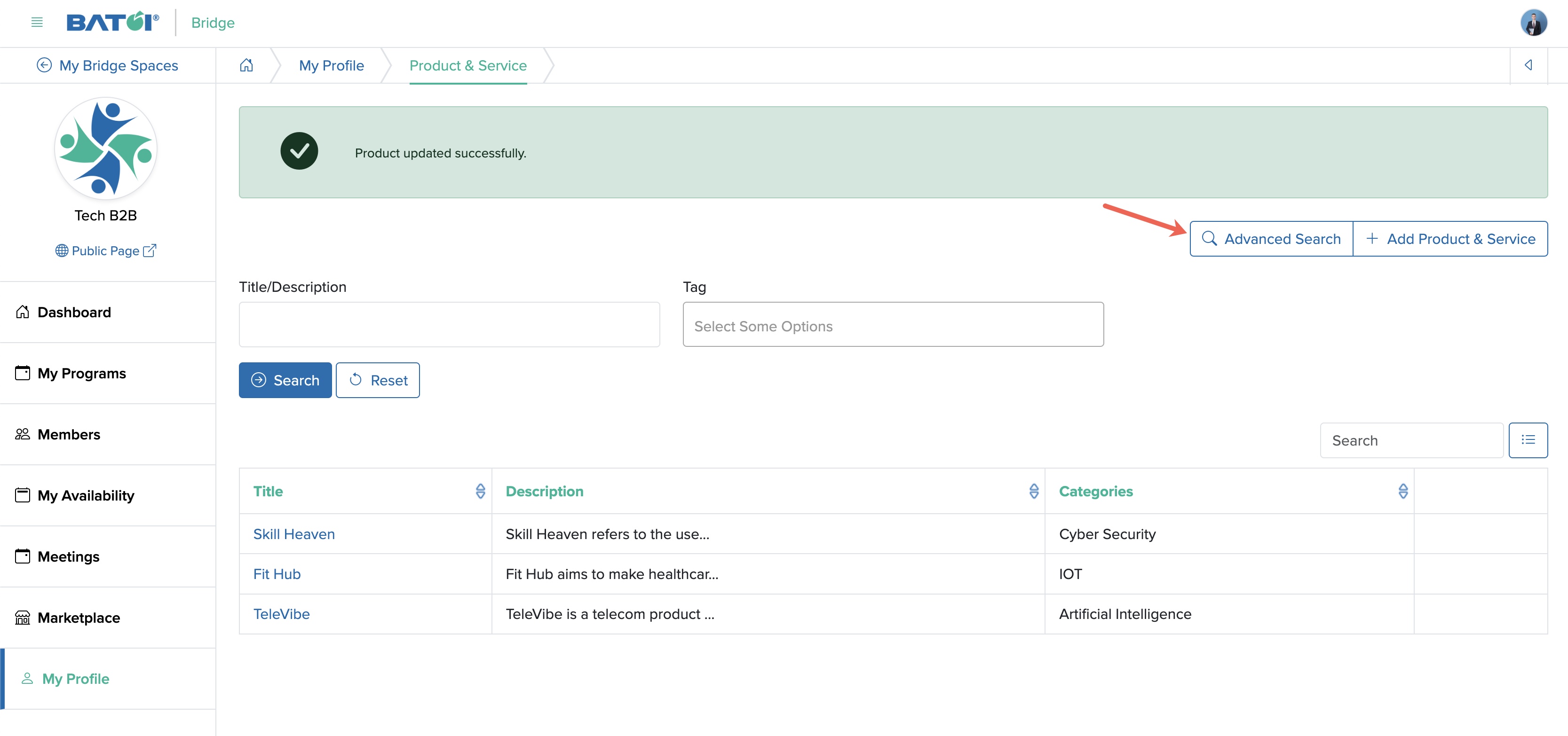 Figure 7: Individual Bridge Member Control Panel Product & Service Advanced Search Screen