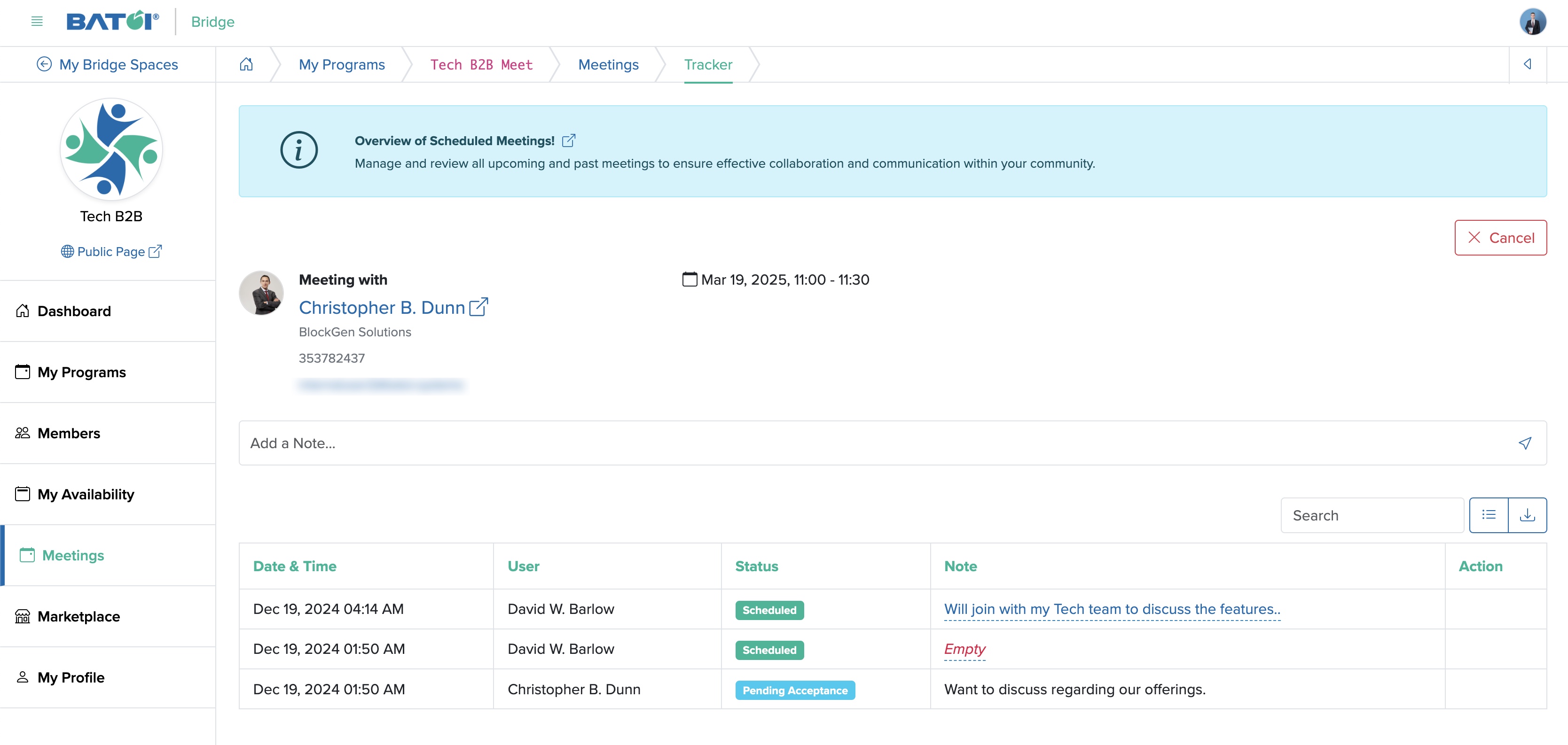 Figure 4: Individual Bridge Member Control Panel Individual Meetings Dashboard Screen