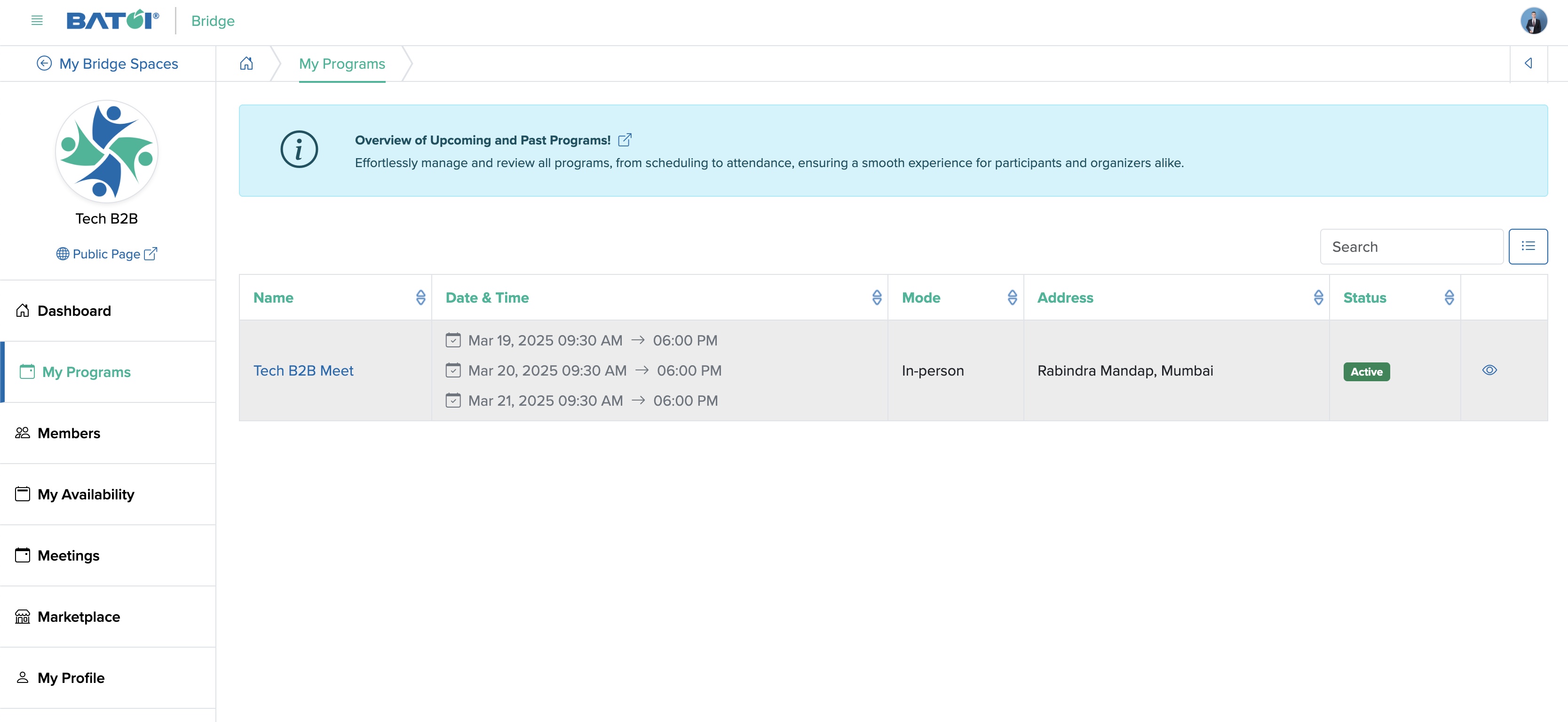 Figure 2: Individual Bridge Member Control Panel My Program Screen