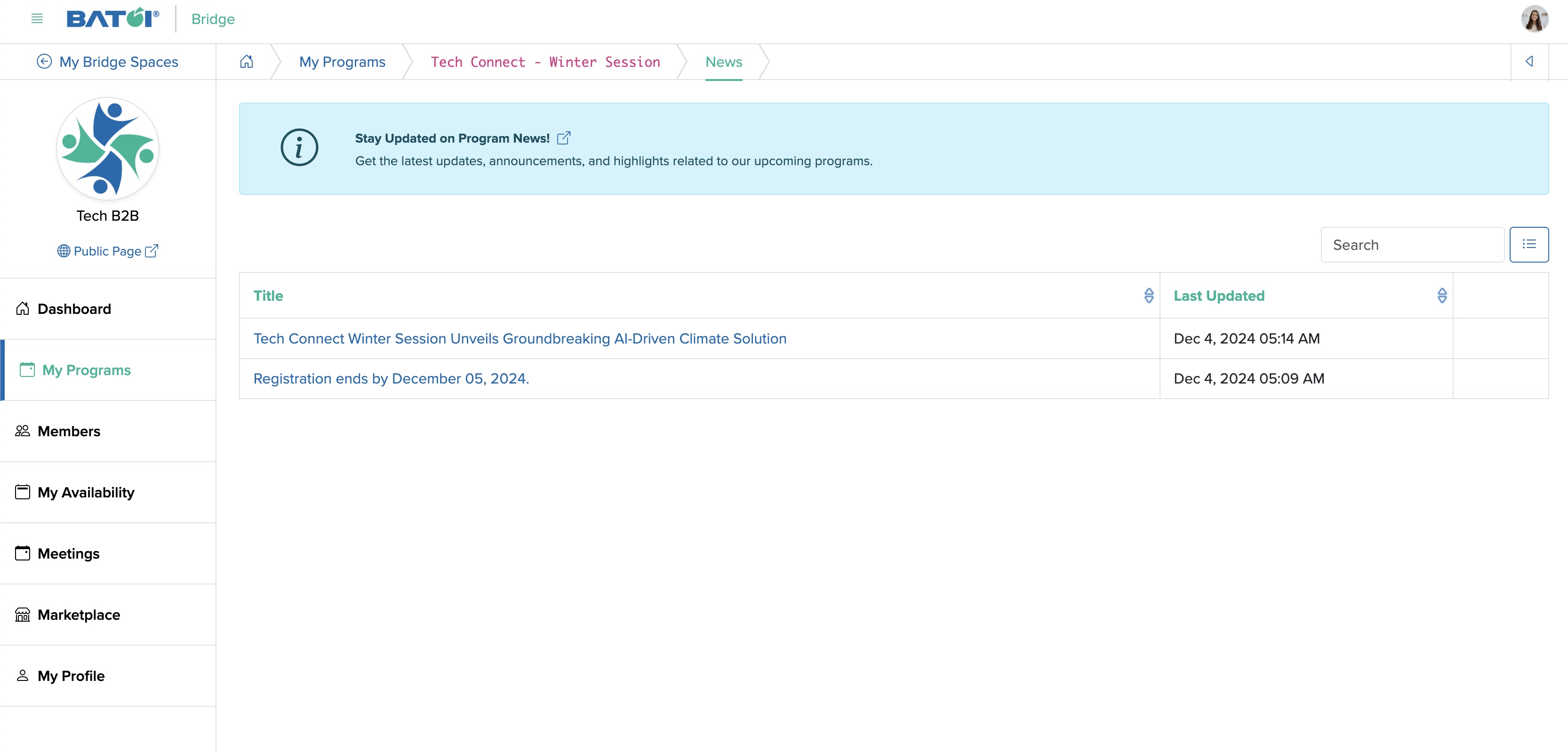 Figure 6: Individual Bridge Member Control Panel Individual Program News Screen