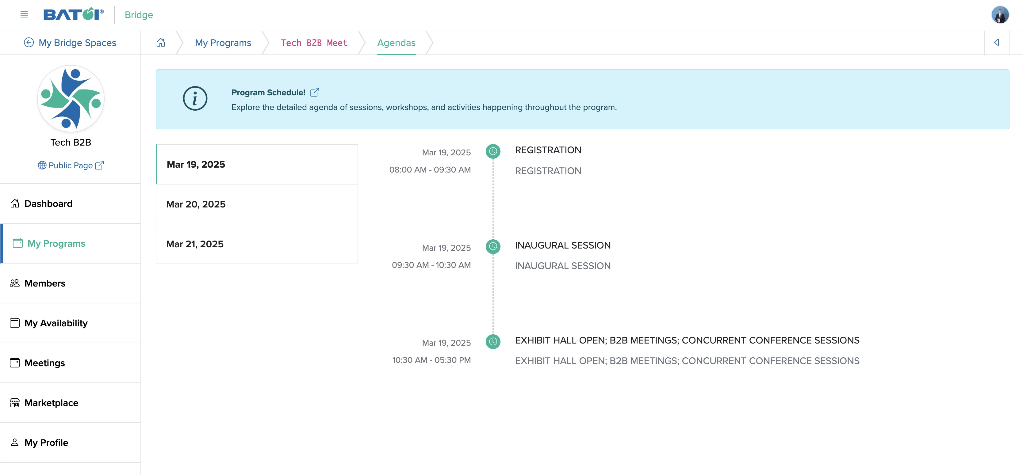 Figure 10: Individual Bridge Member Control Panel Individual Program Agenda Detail Screen