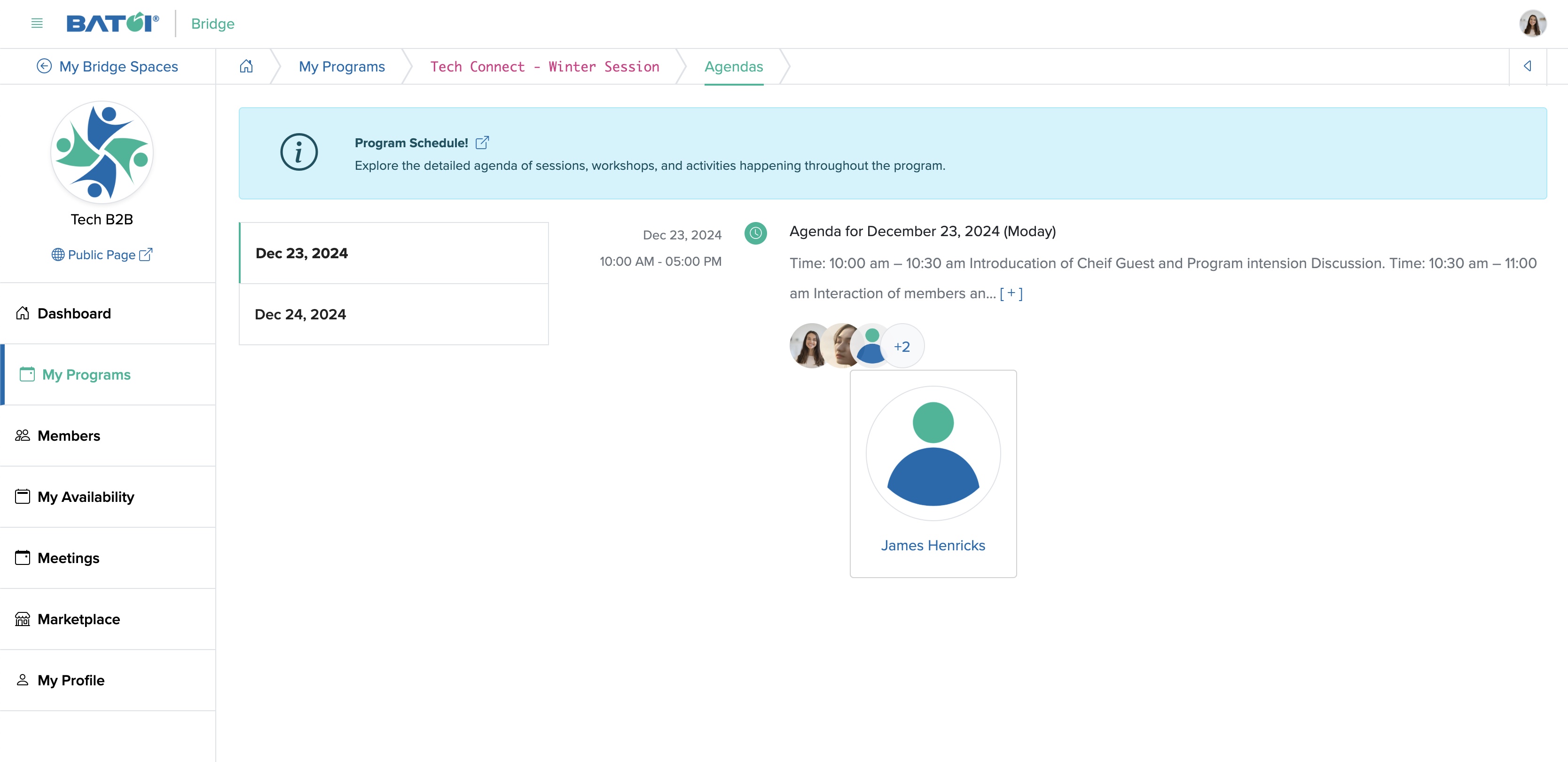 Figure 11: Individual Bridge Member Control Panel Individual Program Agenda Detail Screen