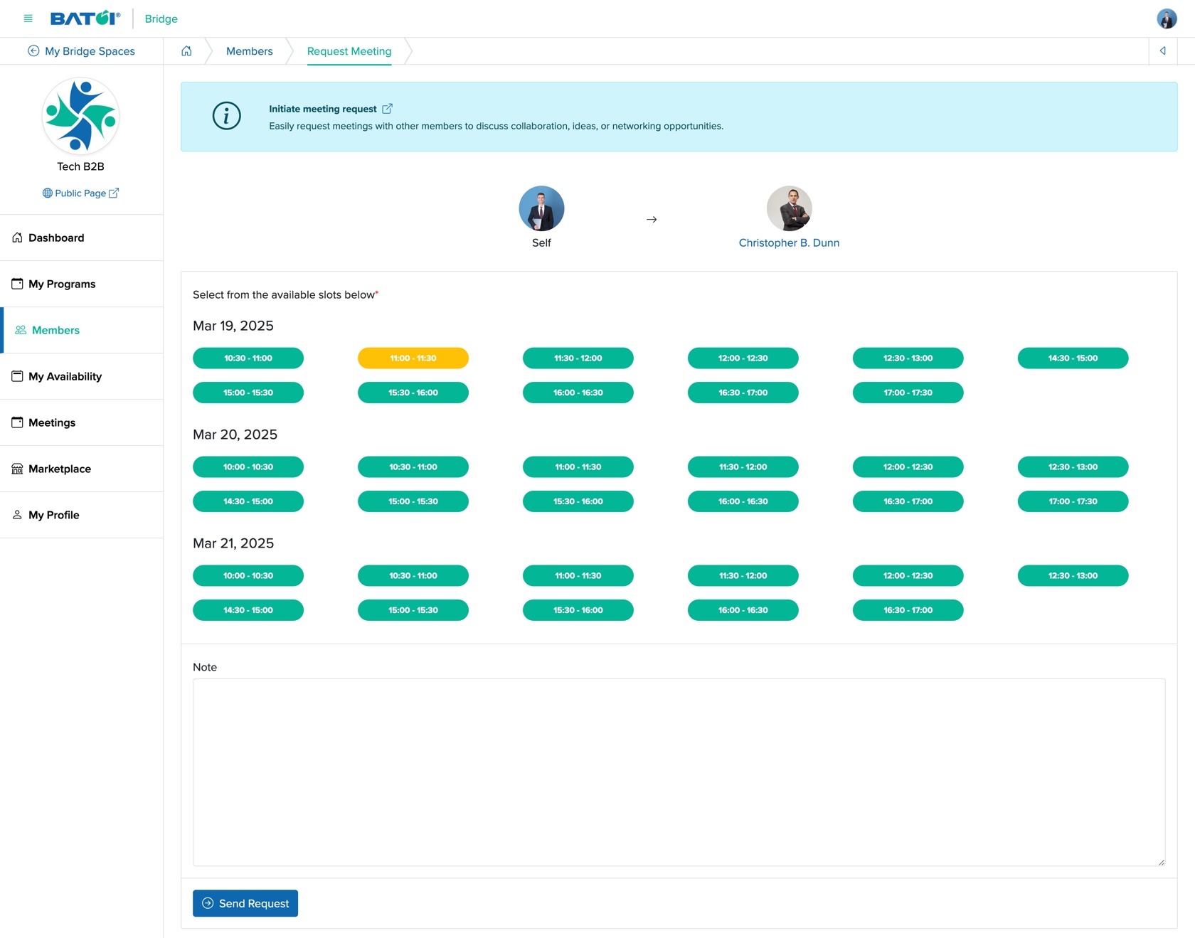 Figure 9: Individual Bridge Member Control Panel Request Meeting Screen