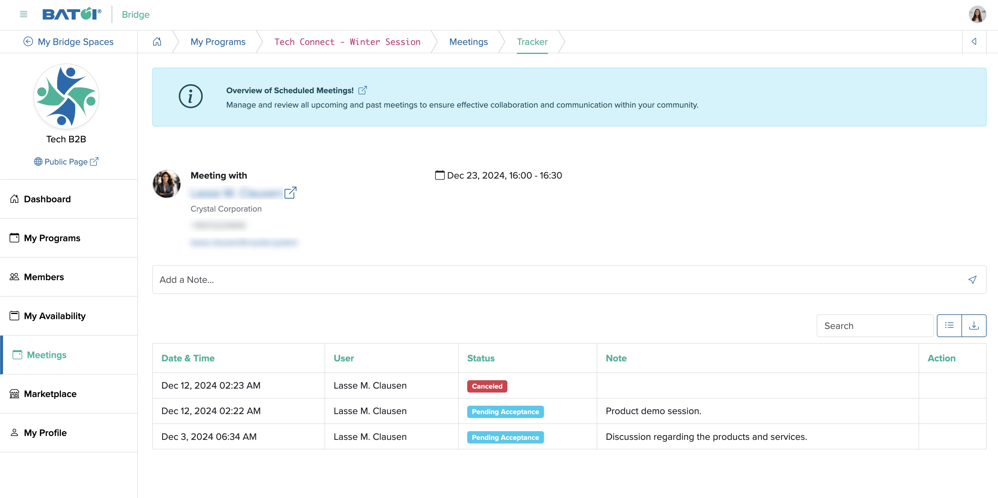 Figure 10: Individual Bridge Member Control Panel Individual Meetings Dashboard Screen