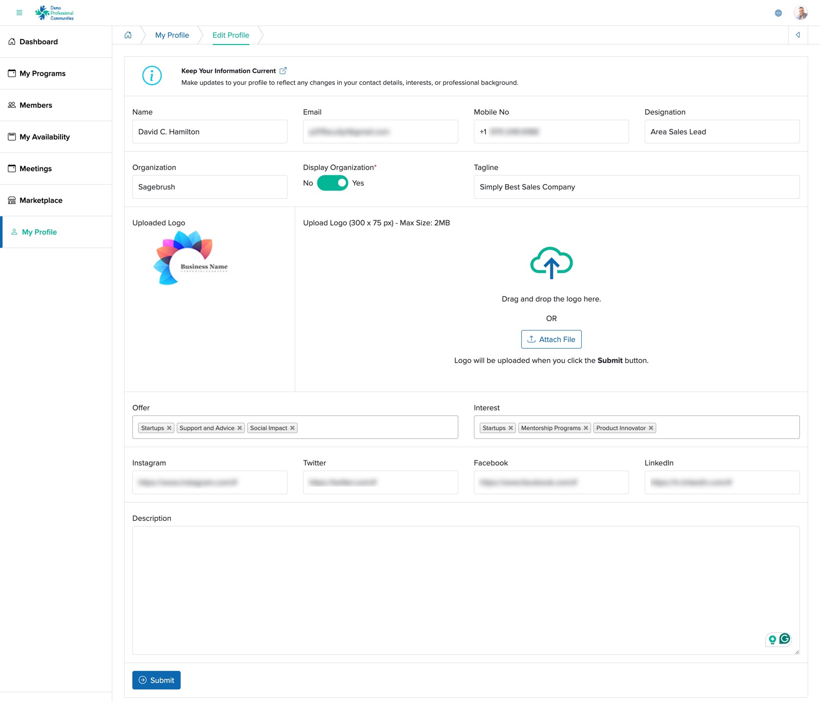 Figure 4: Bridge Member Control Panel Edit Profile Screen