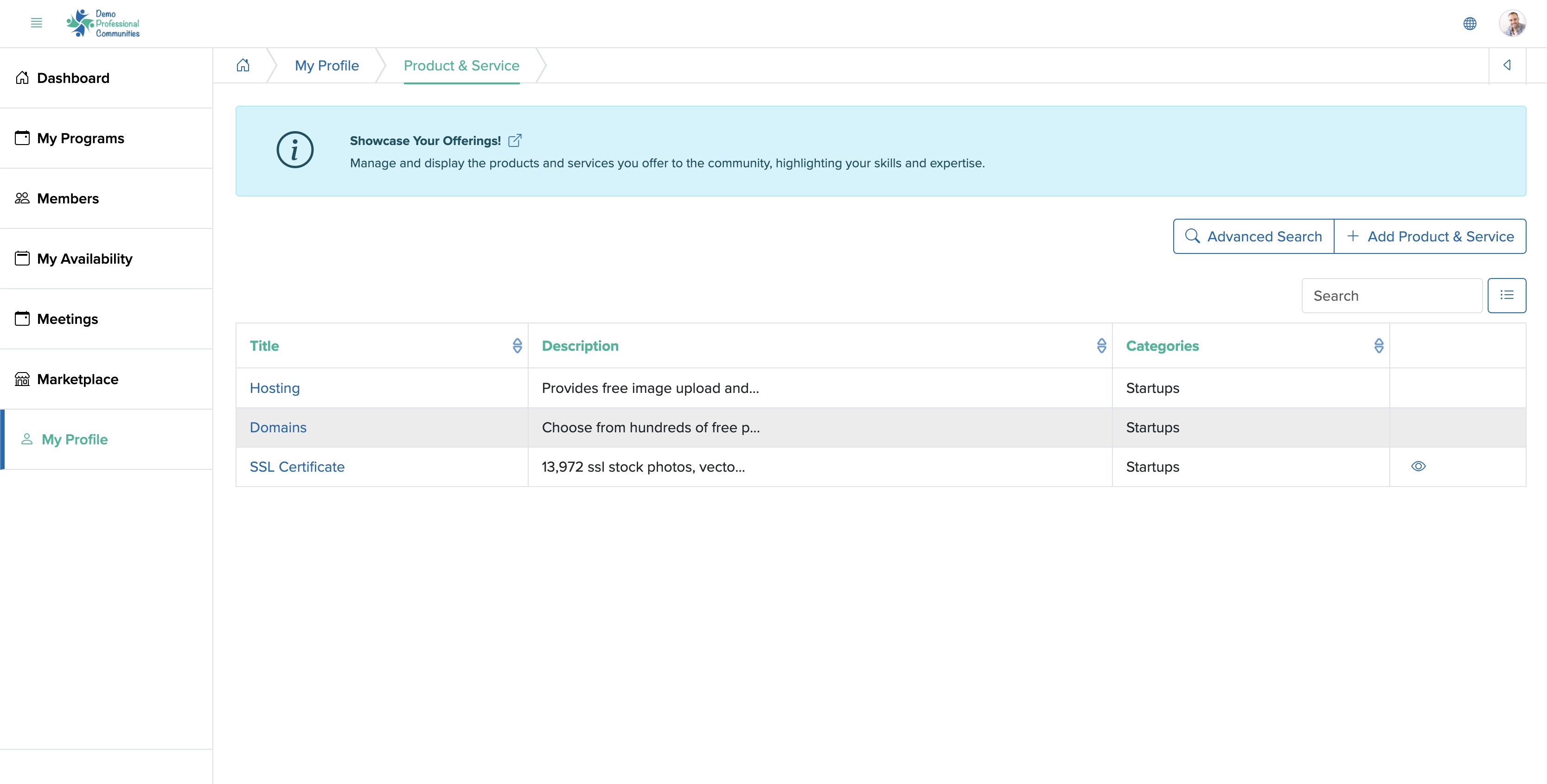 Figure 6: Bridge Member Control Panel Product & Service List Screen