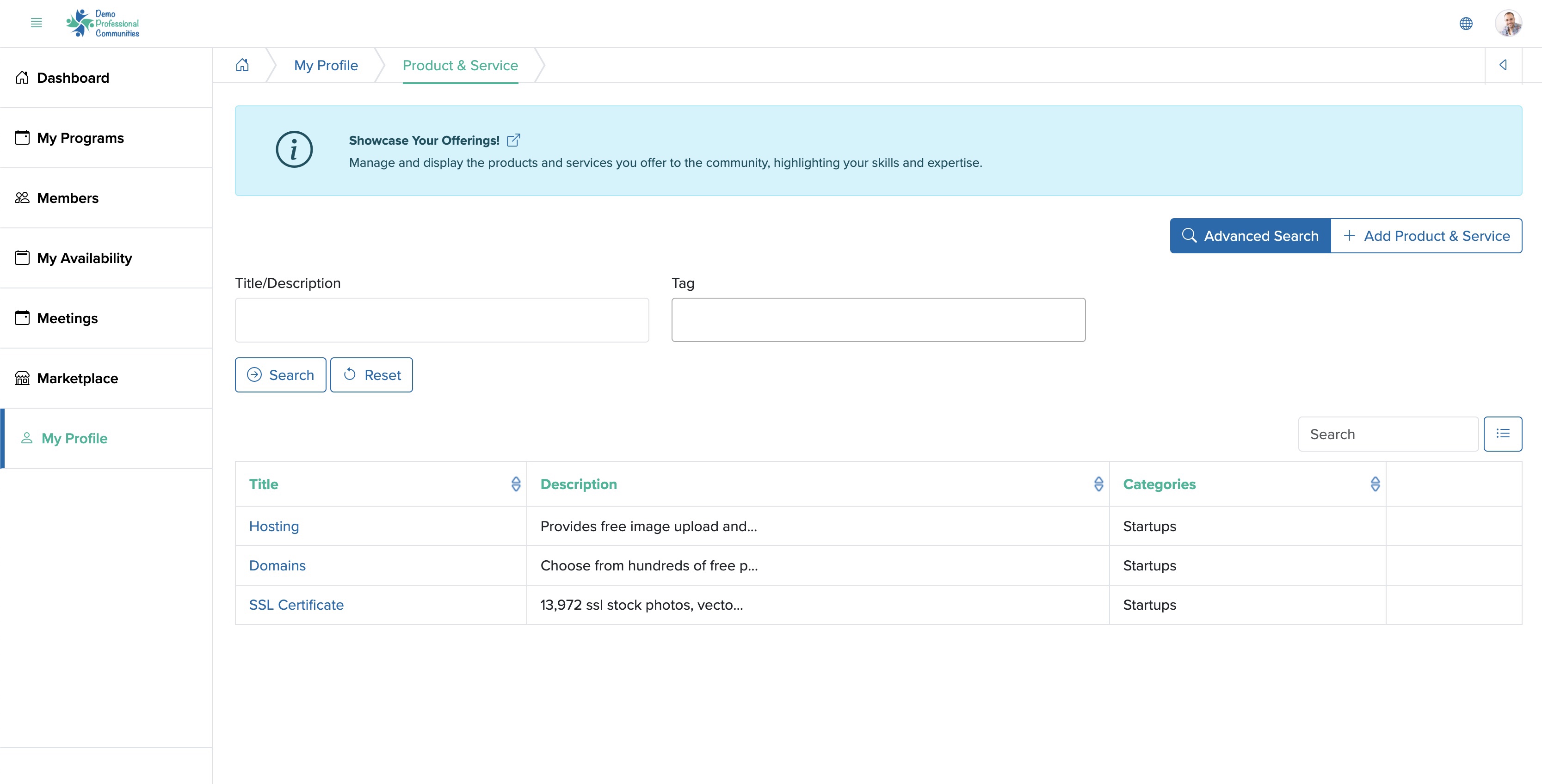 Figure 7: Bridge Member Control Panel Product & Service Advanced Search Screen