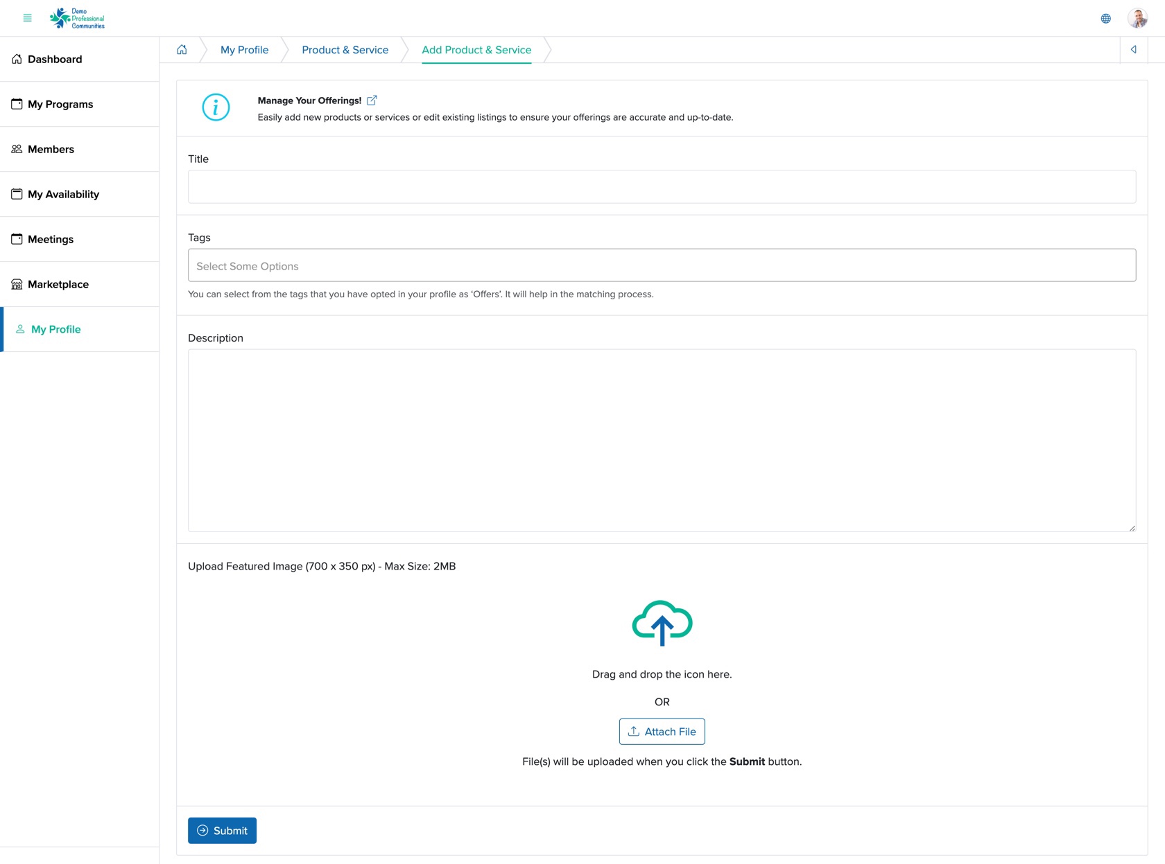 Figure 8: Bridge Member Control Panel Add Product & Service Screen