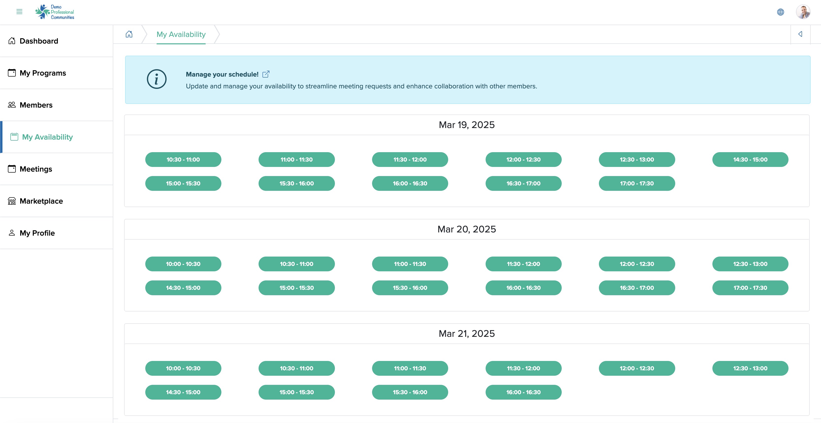 Figure 2: Individual Bridge Member Control Panel My Availability Screen