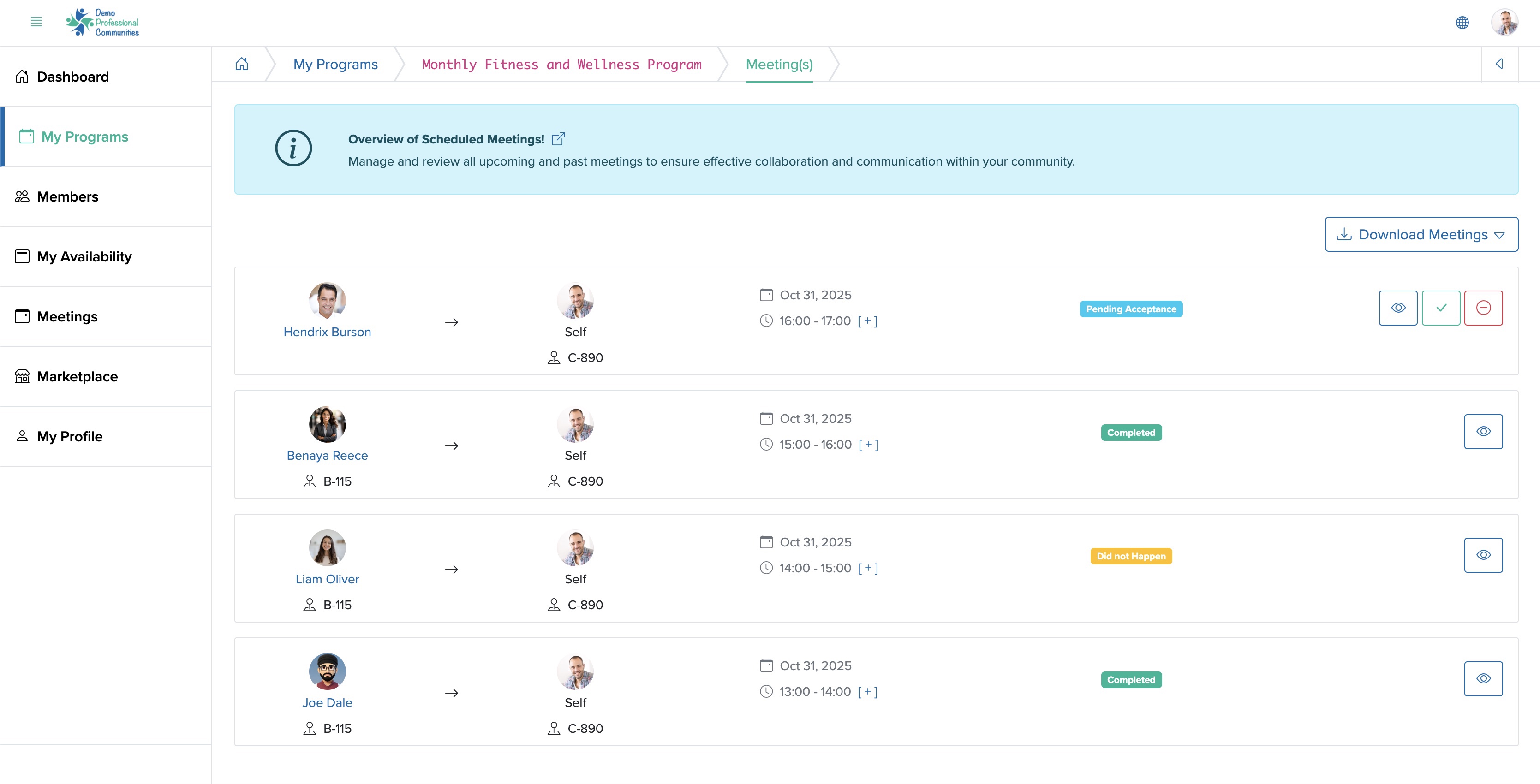 Figure 4: Individual Bridge Member Control Panel Individual Program Meeting Screen