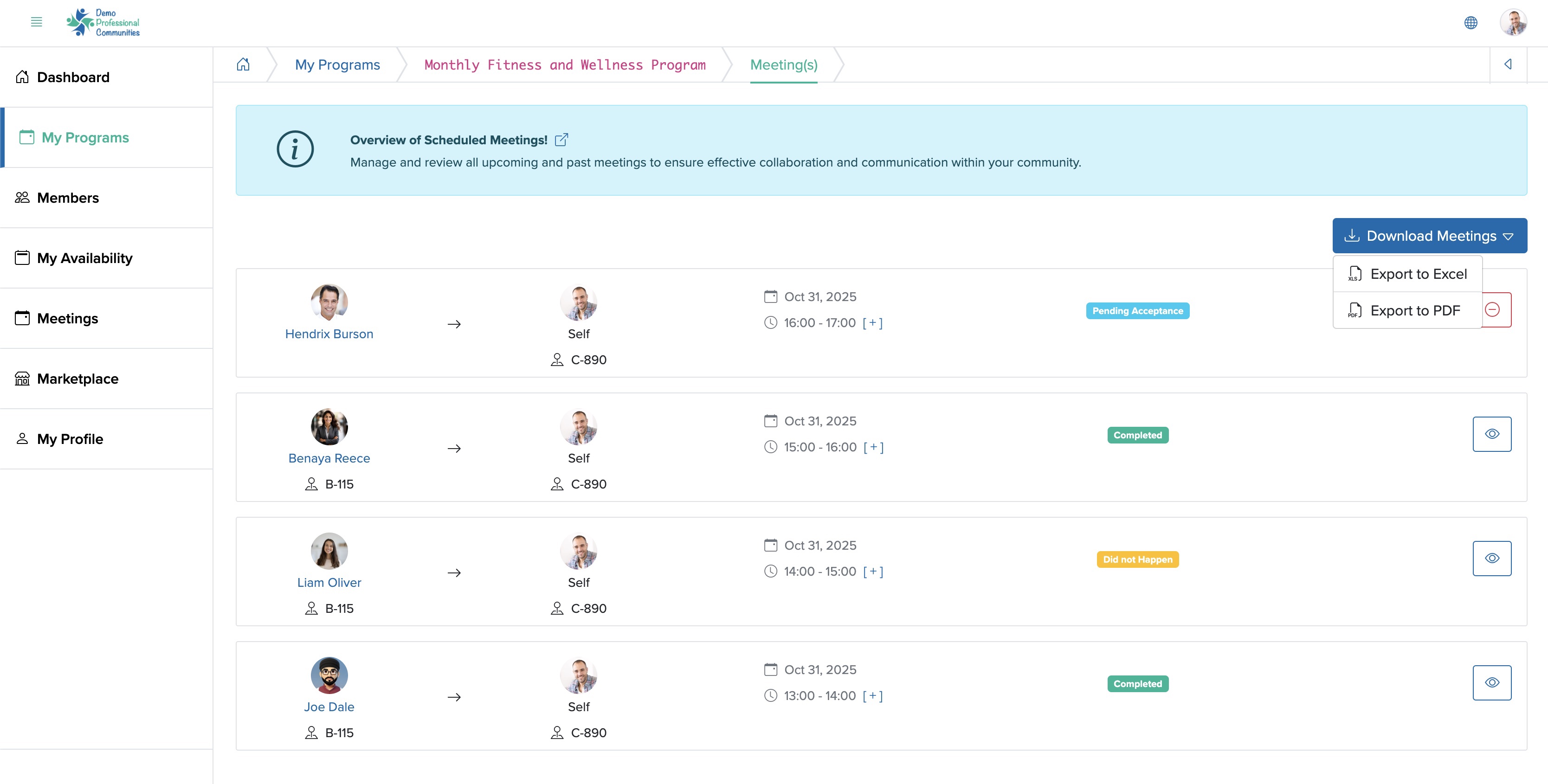 Figure 5: Individual Bridge Member Control Panel Individual Program Meeting Download Screen