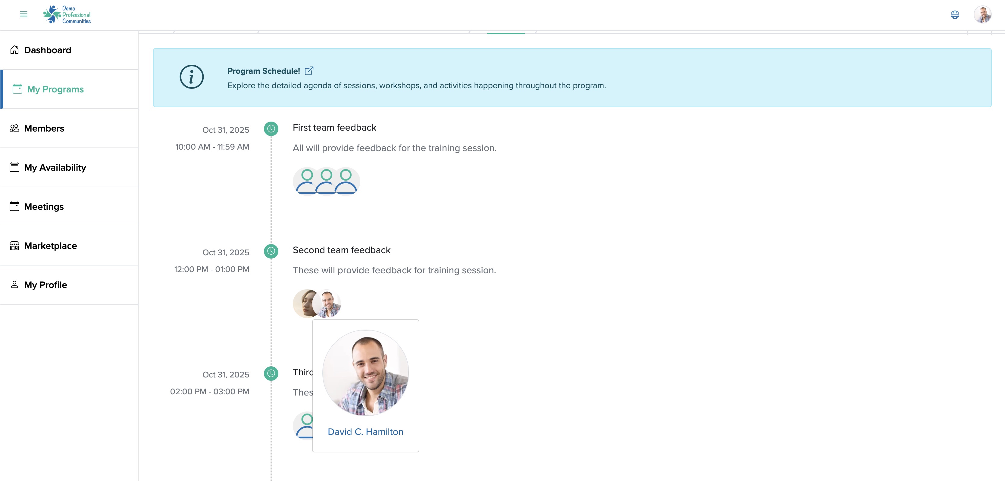 Figure 11: Individual Bridge Member Control Panel Individual Program Agenda Detail Screen