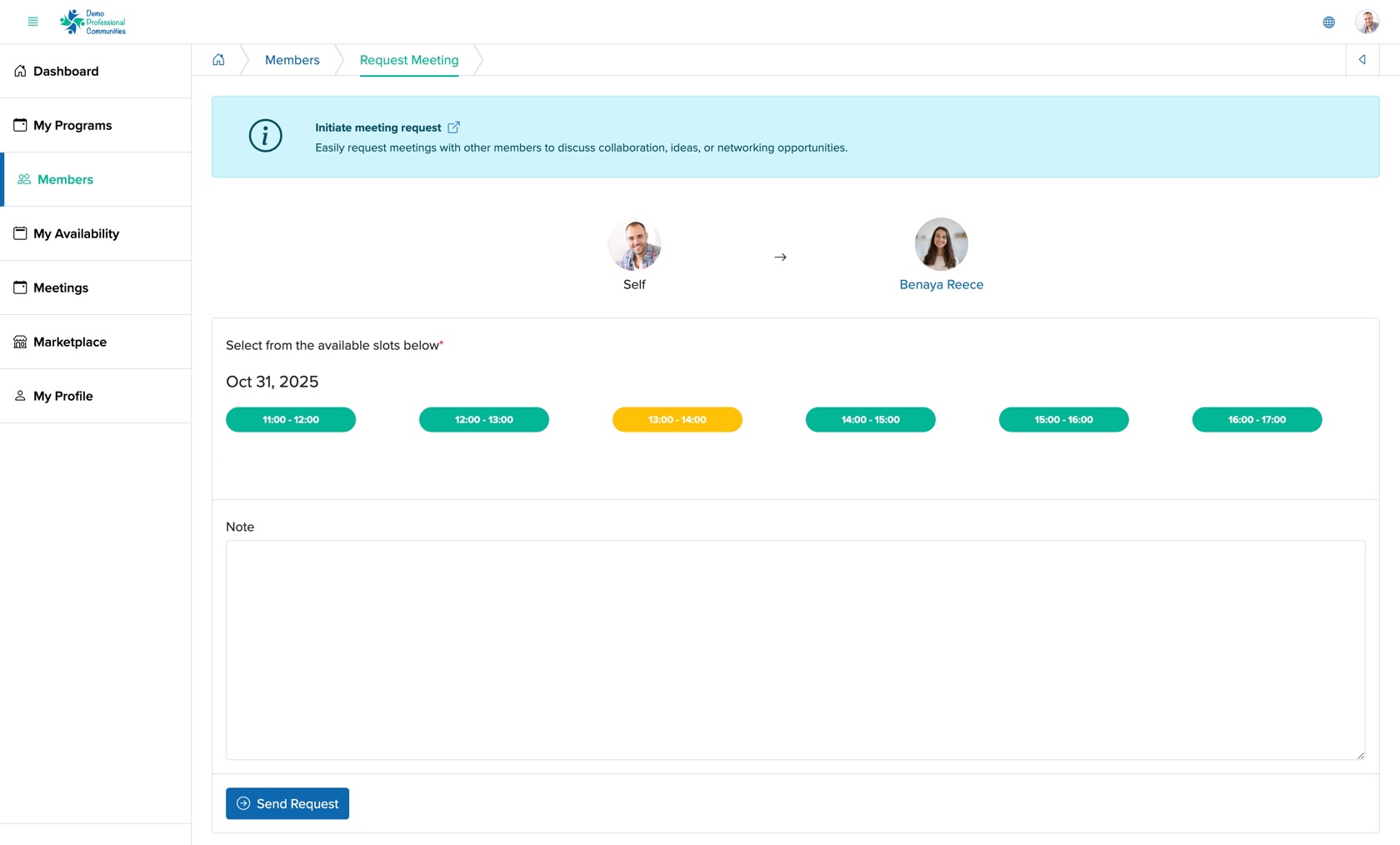 Figure 9: Individual Bridge Member Control Panel Request Meeting Screen