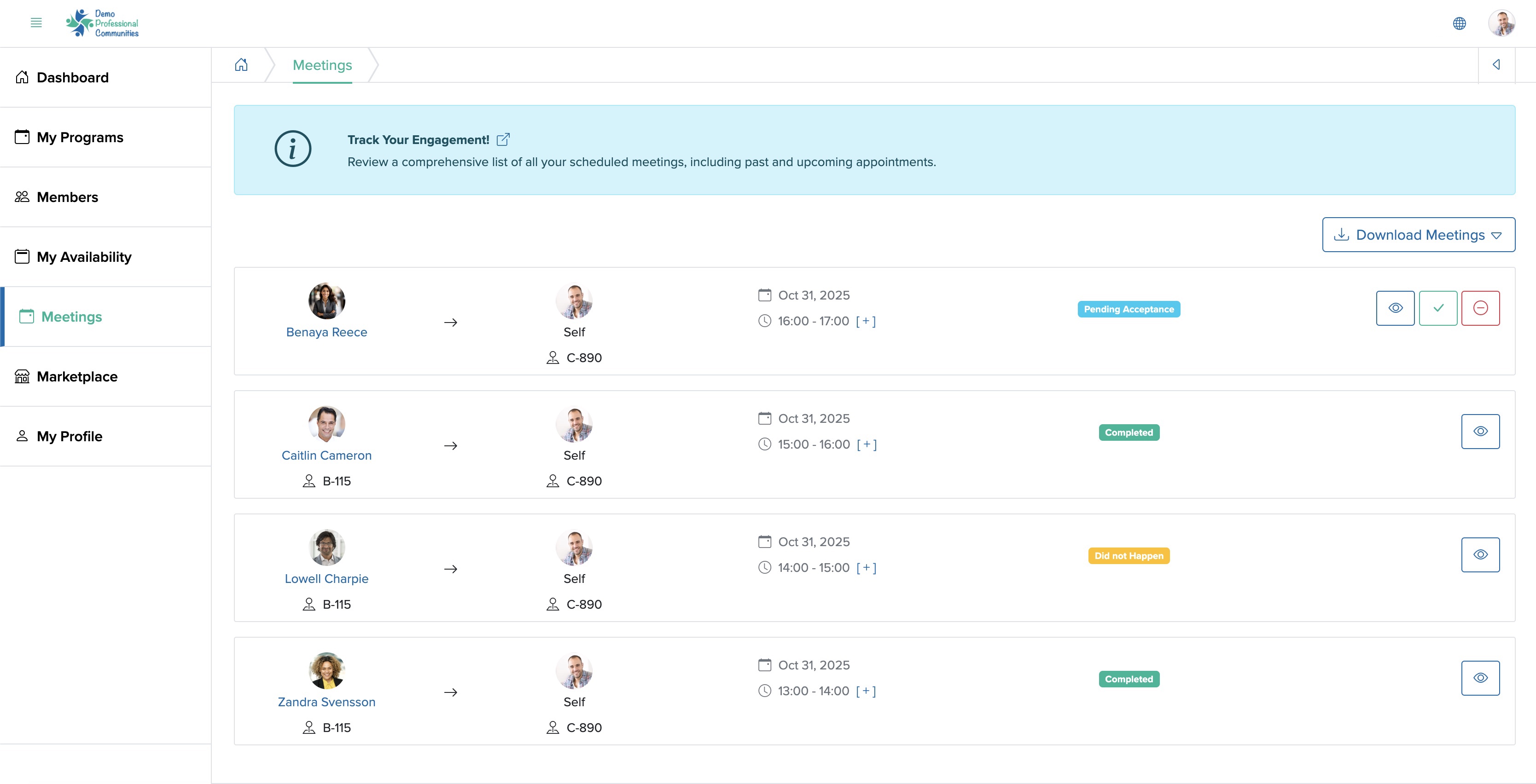 Figure 2: Individual Bridge Member Control Panel Meetings List Screen