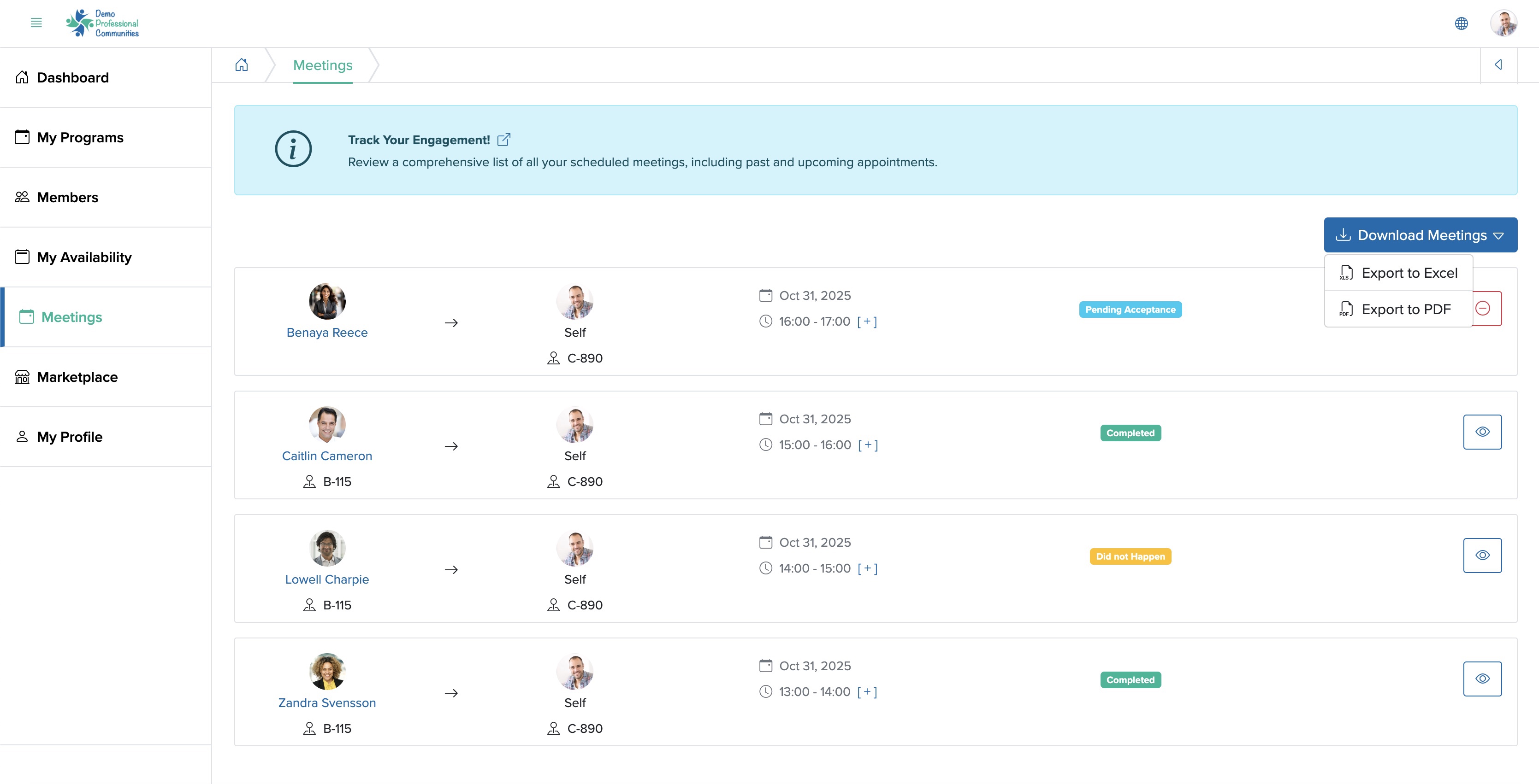 Figure 3: Individual Bridge Member Control Panel Download Meetings Popup Screen