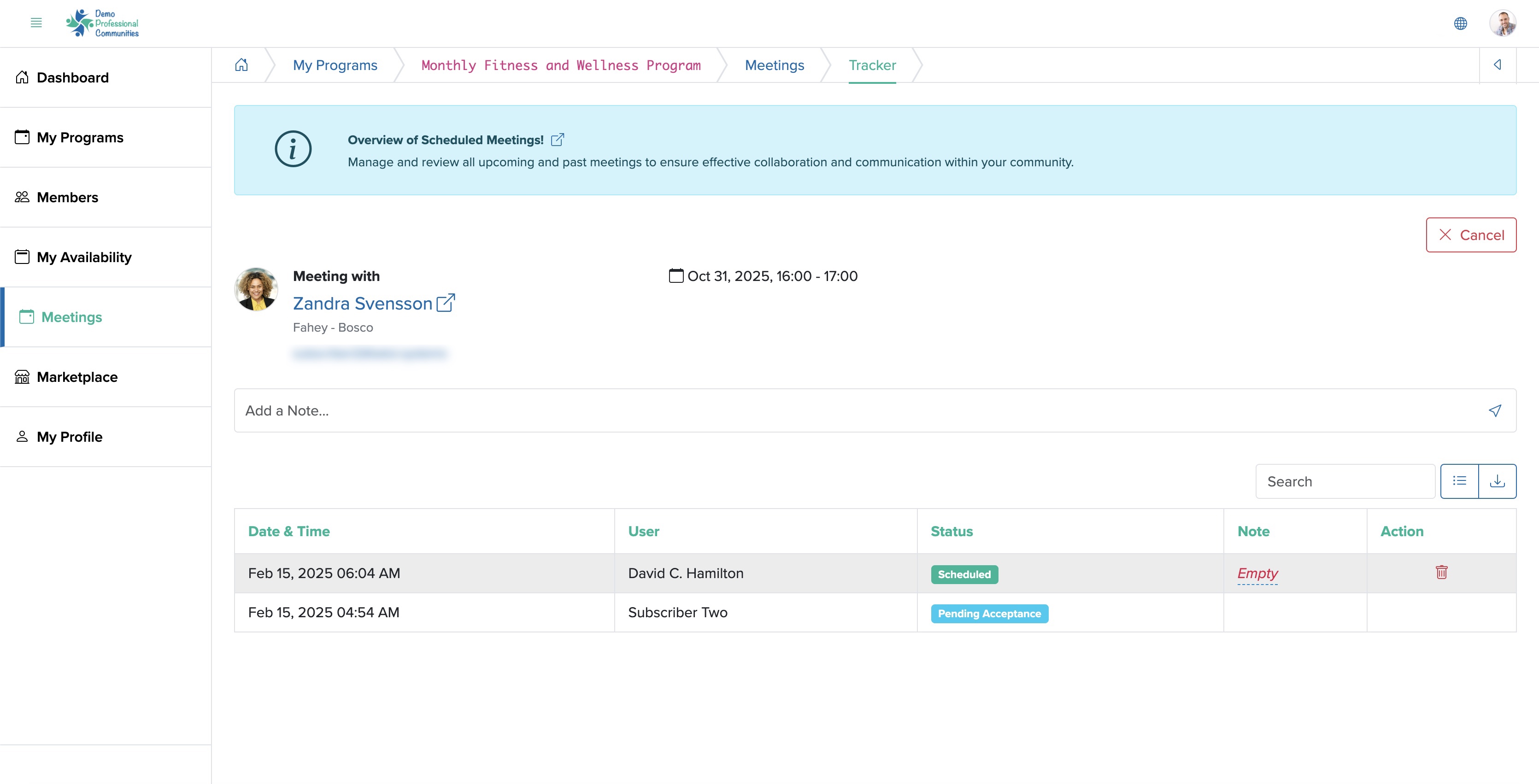 Figure 10: Individual Bridge Member Control Panel Individual Meetings Dashboard Screen