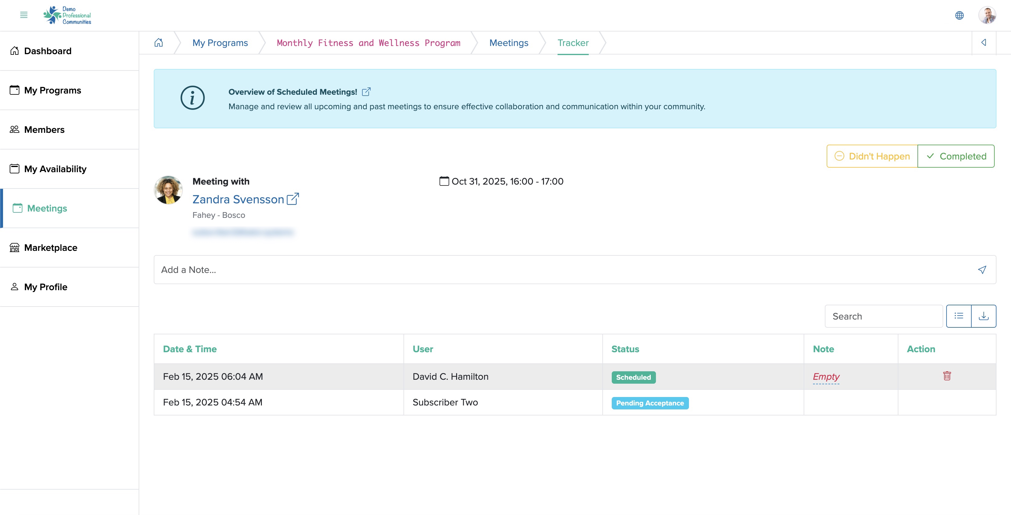 Figure 11: Individual Bridge Member Control Panel Individual Meetings Dashboard Screen