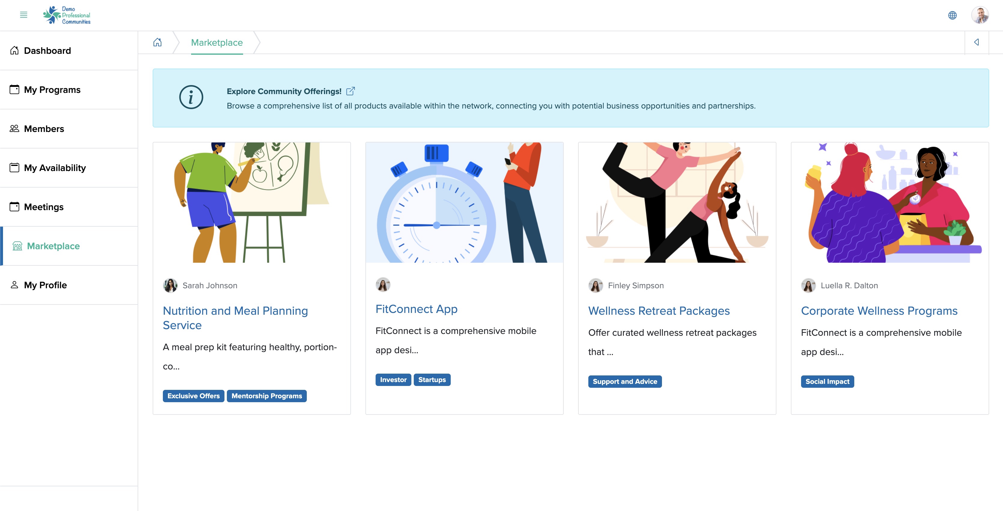 Figure 2: Individual Bridge Member Control Panel Marketplace List Screen